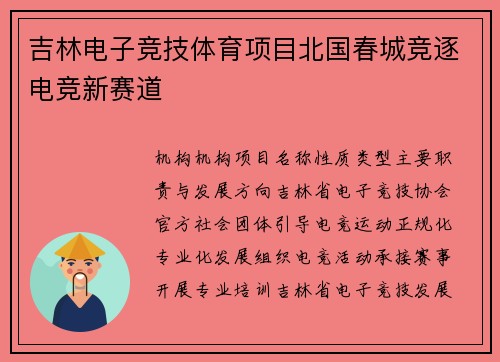 吉林电子竞技体育项目北国春城竞逐电竞新赛道